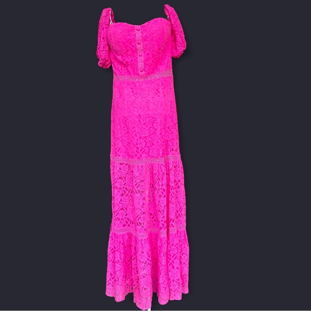 Women's Hot Pink Lace Maxi Dress with Puff Sleeves